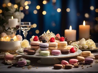 Macaroons Dessert Display with candles on dinner setting table