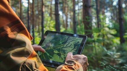 A surveyor working with forest topography maps on a digital tablet; close-up on hands holding...