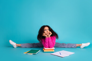 Full size photo of pretty teen girl split study look moody empty space wear trendy pink outfit isolated on aquamarine color background