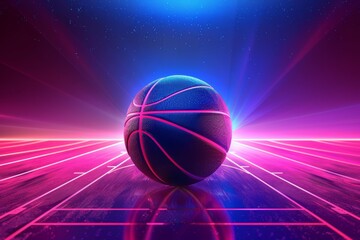 Obraz premium ball for a basketball game epic announcement poster with neon pink and blue light horizontal with copy space