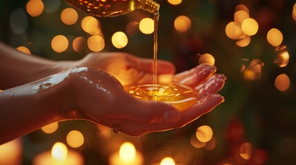 A close-up of a spa therapist's hands pouring warm massage oil into their palm, with soft focus on a background of candles and soothing music, creating a peaceful ambiance for a pa