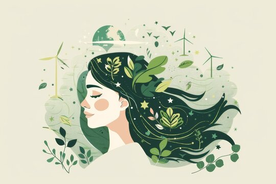 illustration of woman in harmony with nature, green energy concept. Sustainable eco practices and environment friendly business. Save the planet.