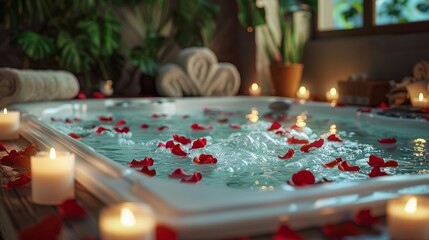 A luxurious spa setting with a bubbling hot tub surrounded by candles, rose petals, and plush towels, creating a relaxing and indulgent atmosphere for pampering oneself.