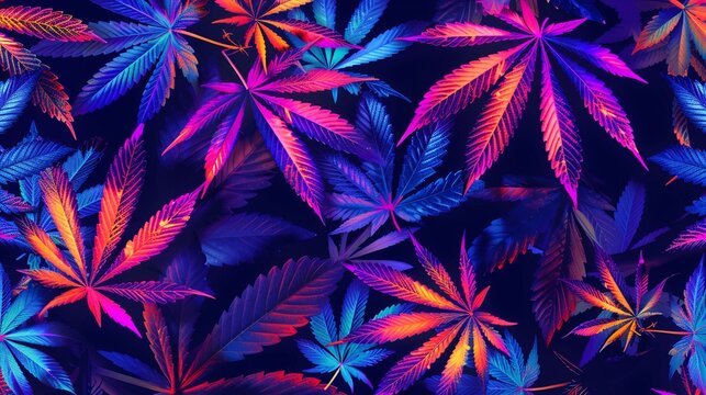Texture Pattern with Cannabis Marijuana Leaves on Bright Psychedelic Neon Background