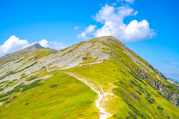 A hiker traverses a trail on Chopok Mountain with lush green slopes and clear blue skies. Low...