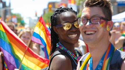 Obraz premium Celebrating Diversity: Joyful LGBTQ Pride Parade with Colorful Rainbow Flags on a Sunny Day