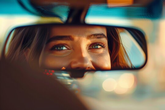 face of young beautiful woman with blue eyes smiling reflected in rear view mirror of a car taxi or car sharing