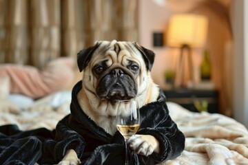 tired pug dog in black velvet bath robe and a glass of white wine on a bed at hotel room - animals acting like humans. Luxury vacation lifestyle.