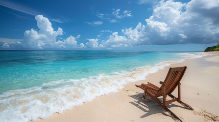 Fototapeta premium A secluded beach with powdery white sand and clear blue waters, with a single lounge chair facing the ocean, inviting relaxation and serenity by the sea.