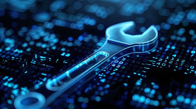 Blue digital wrench spanner with glowing binary code: AI in maintenance management systems, predictive maintenance algorithms, equipment diagnostics, and remote repair assistance.