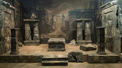 Ancient Ruins Podium Podiums crafted from stone to resemble ancient ruins, set in a historicthemed backdrop, ideal for displaying antiquities or culturally inspired products