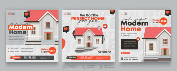 Real estate social media post banner template. Modern Social Media banner template. Set of editable real estate house sale and home rent advertising geometric modern square banner.