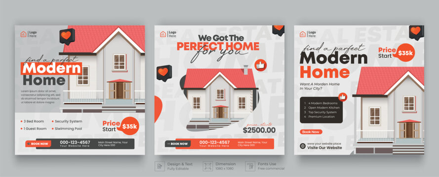 Real estate social media post banner template. Modern Social Media banner template. Set of editable real estate house sale and home rent advertising geometric modern square banner.