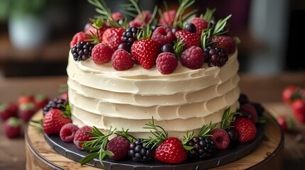 A rustic-themed birthday cake adorned with fresh berries and greenery, evoking a charming countryside vibe