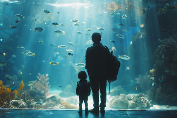 silhouette of father and daughter visiting an aquarium for the first time