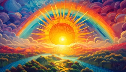 colorful picture with sun and rainbow, digital art