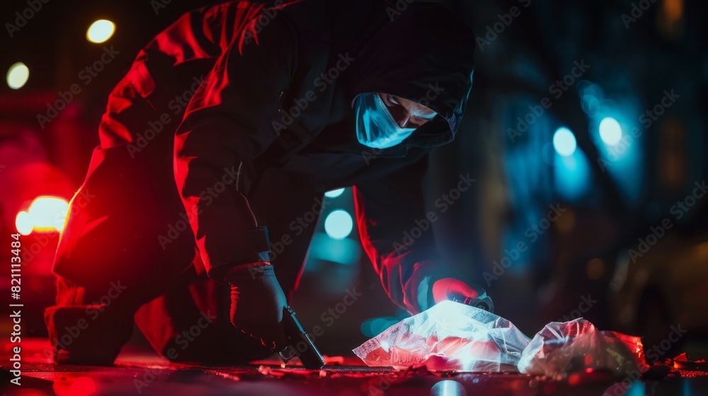 Poster A man in a black hoodie is crouching down and looking at something on the ground