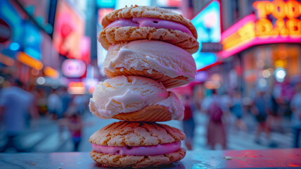 Ice cream sandwiches stacked with a city backdrop.