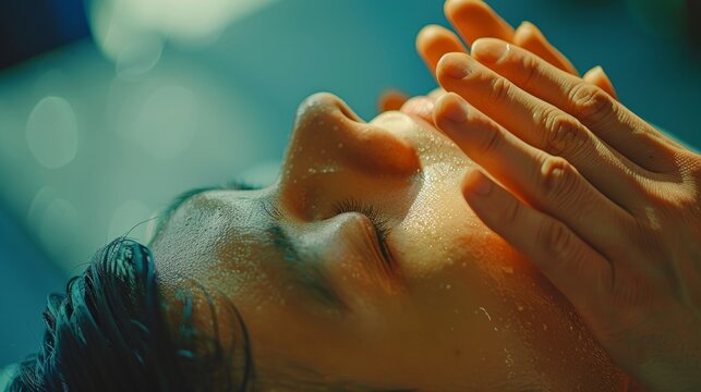 A tranquil image of a person receiving a facial massage, with the therapist's hands applying gentle pressure on their temples, promoting the idea of pampering and self-care for the