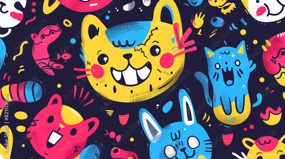 Poster a colorful image of cats and rabbits with a smiling face. scene is cheerful and playful. playful cha