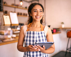 Young Woman Using Digital Tablet Wearing Apron Working In Coffee Shop Or Cafe