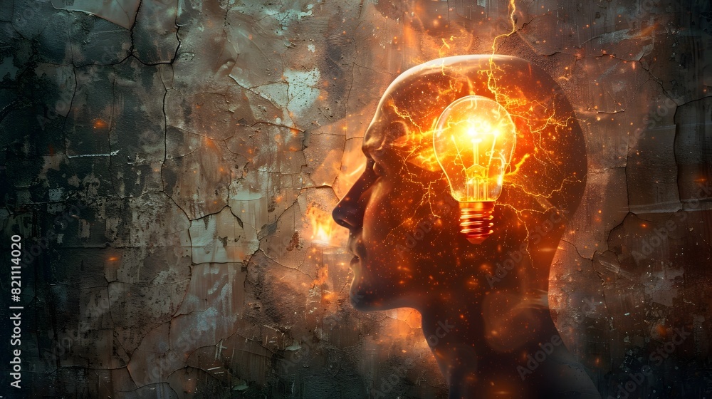 Poster brilliant idea sparked by creative mind conceptual digital rendering of glowing light bulb within hu