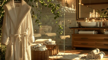 An elegant spa setting with soft, plush robes hanging on hooks, fluffy towels neatly folded, and a calm atmosphere, inviting viewers to unwind and pamper themselves.