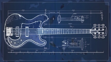 Detailed Blueprint Schematic of an Electric Guitar for Music Production and Design