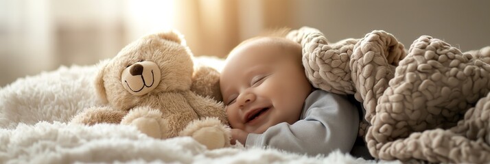 A child rests with a plush teddy bear, evoking a sense of innocence and comfort in a cozy setting