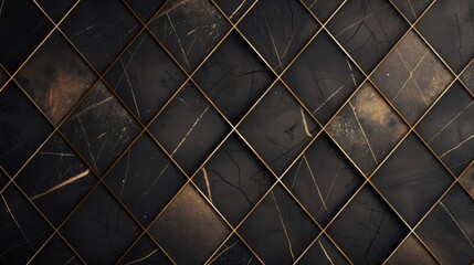 Luxury abstract black metal background with golden light lines. Dark 3d geometric texture. Bright grid pattern.Pure black horizontal banner wallpaper.Elegant BG.Square diamond tiles.High quality photo