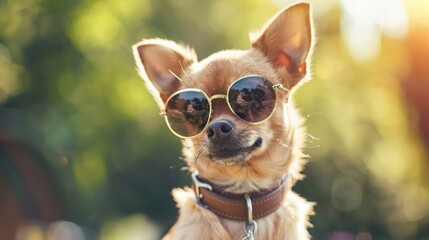 A small chihuahua dog sitting with sunglasses on its face.
