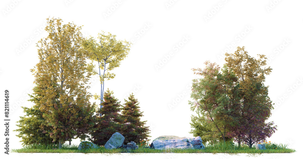 Poster tree group and small forest PNG file 100 percent transparent for drag and drop, 3d illustration rendering