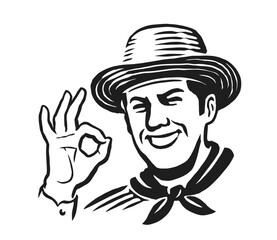 Happy man in farmer hat smiling and showing OK. Farm organic food emblem. Clipart sketch drawing black and white