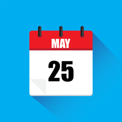 Calendar icon vector. Red May header. Date twenty five. Blue background shadow.