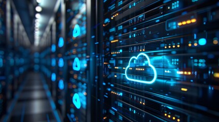 A modern data center with glowing blue lights and a cloud computing icon, representing network infrastructure and digital technology.