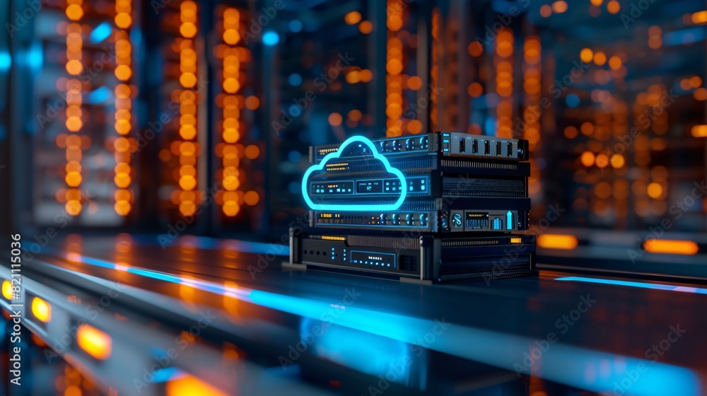 Poster cloud computing server rack in a data center with glowing lights and cloud icon overlay, representin