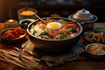 Bowl of Korean ramen with egg, sausage, and vegetables on wooden table