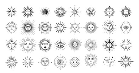 Alchemical icons ink sketch vector set. Sun moon face eye boho ray lines crescent solar signs black monochrome symbols, isolated on white background