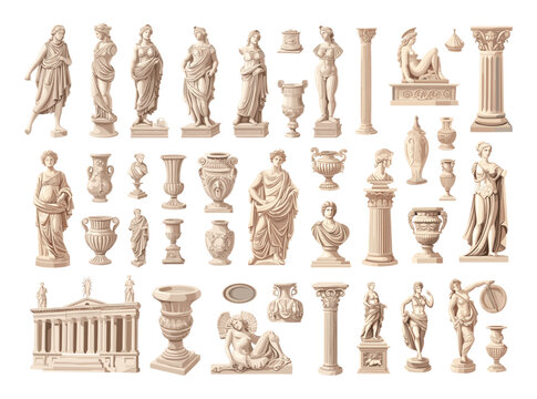 Antique sculptures cartoon vector set. Statues male female greek roman vases musical instruments columns ancient architectural monuments archaeological artifacts isolated on white background