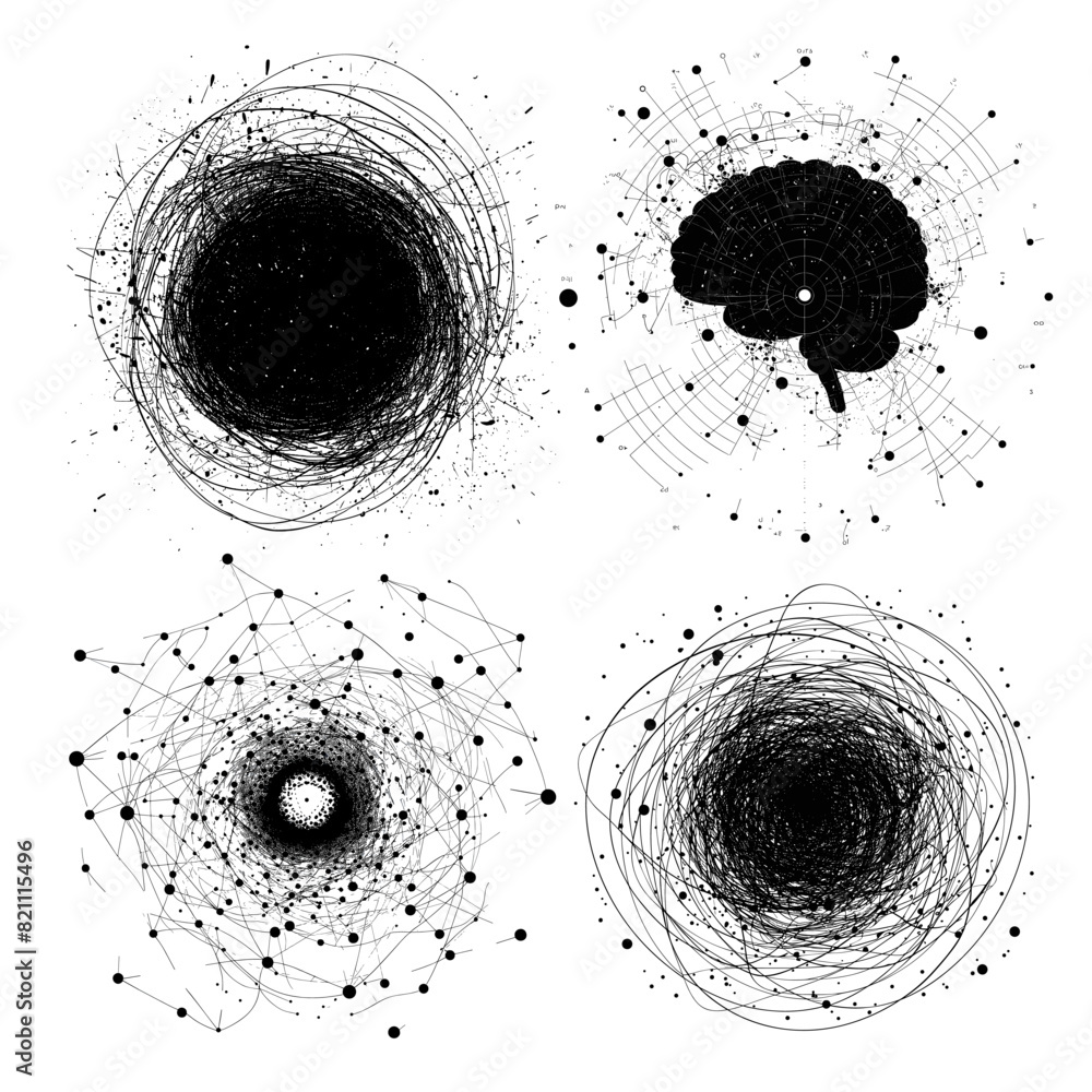 Poster brain map thoughts ink sketch vector concepts. tangle doodle route path lines imagination complex th
