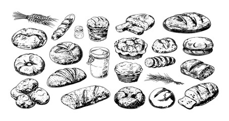 Baking pencil ink sketch vector set. Bread bun flour wheat bagel dough loaf muffin rye bakery products, illustration isolated on white background