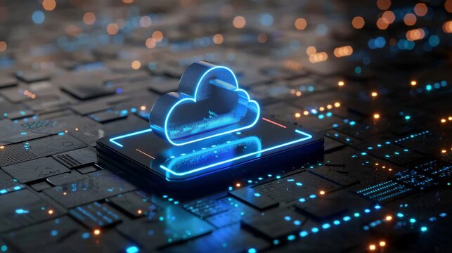 Futuristic cloud computing technology concept with glowing cloud icon on abstract motherboard background, representing digital data storage.