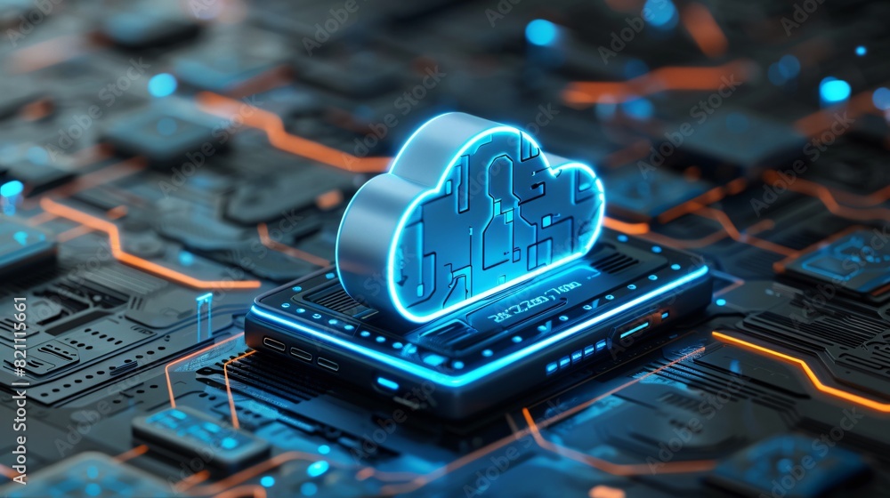 Poster futuristic cloud computing technology concept with neon blue cloud icon on a microchip circuit board