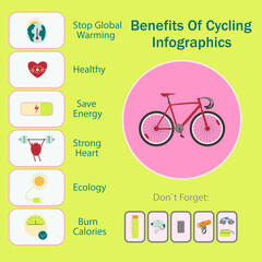 Infographics with icons. The benefits of cycling. Using a bicycle. Block diagram. Vector illustration on a light background. Bicycle accessories.