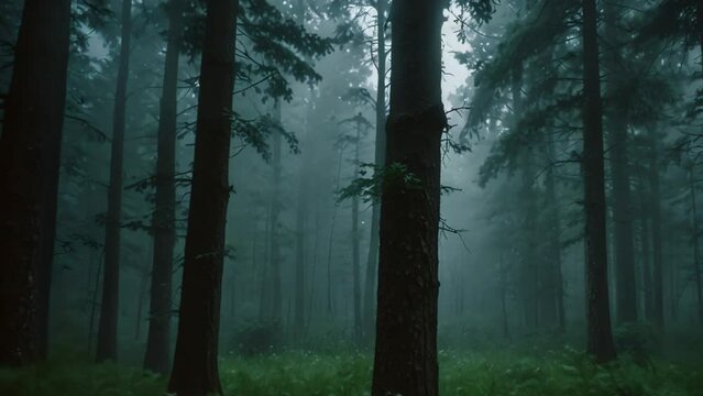 view of dark clouds with lightning striking in the forest