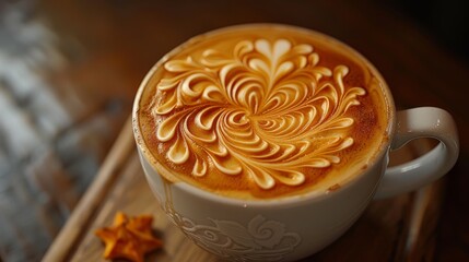 Aesthetic Delight - Close-Up of Vibrant Latte Art in Coffee Cup with Intricate Designs and High Detail