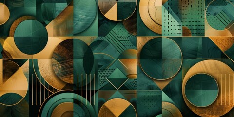 Turquoise abstract background with golden linear pattern and with circles. Art deco ornament banner design. High quality photo