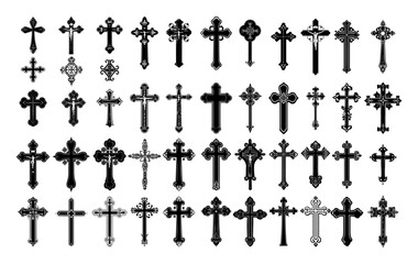 Christian crosses black silhouettes vector set. Creed catholic protestant orthodox release cult church accessory, monochrome icons isolated on white background