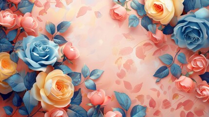 Light blue, yellow and pink roses on a pink background with a faded white circle in the middle. - Powered by Adobe