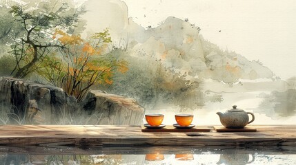 Serene Eco-Friendly Tea Warmers in Rustic Outdoor Setting with Organic Teas - Hand-Drawn Natural Relaxation